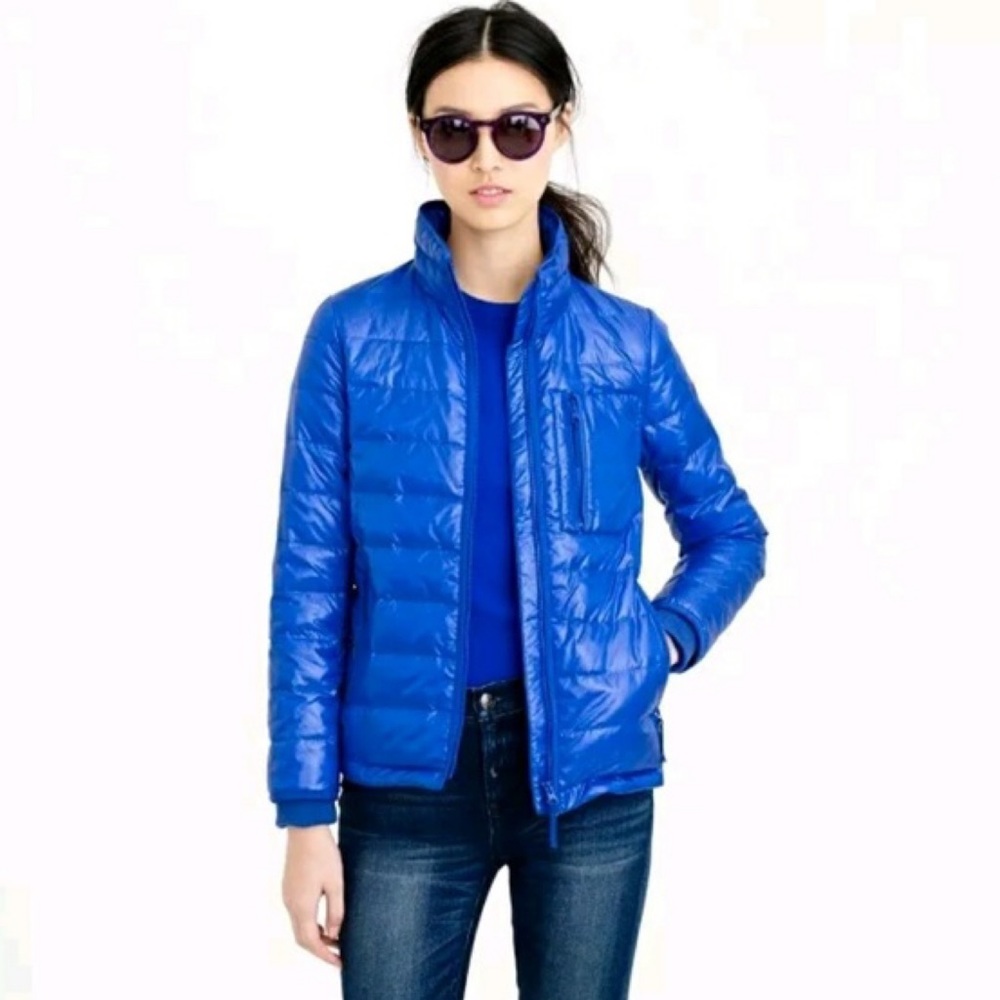 J. CREW Lightweight Down Jacket Puffer Coat Zip Quilted Shiny Regal Blue Small - Picture 1 of 7